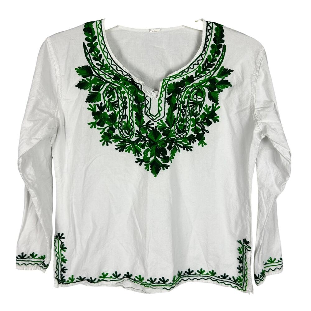 Vintage 70s White Cotton Embroidered Green Floral Oaxaca Long Sleeve V Neck Top
